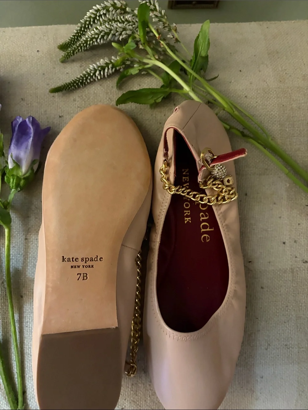 kate spade Blush Pink Leather Ballet Flats with Gold Chain